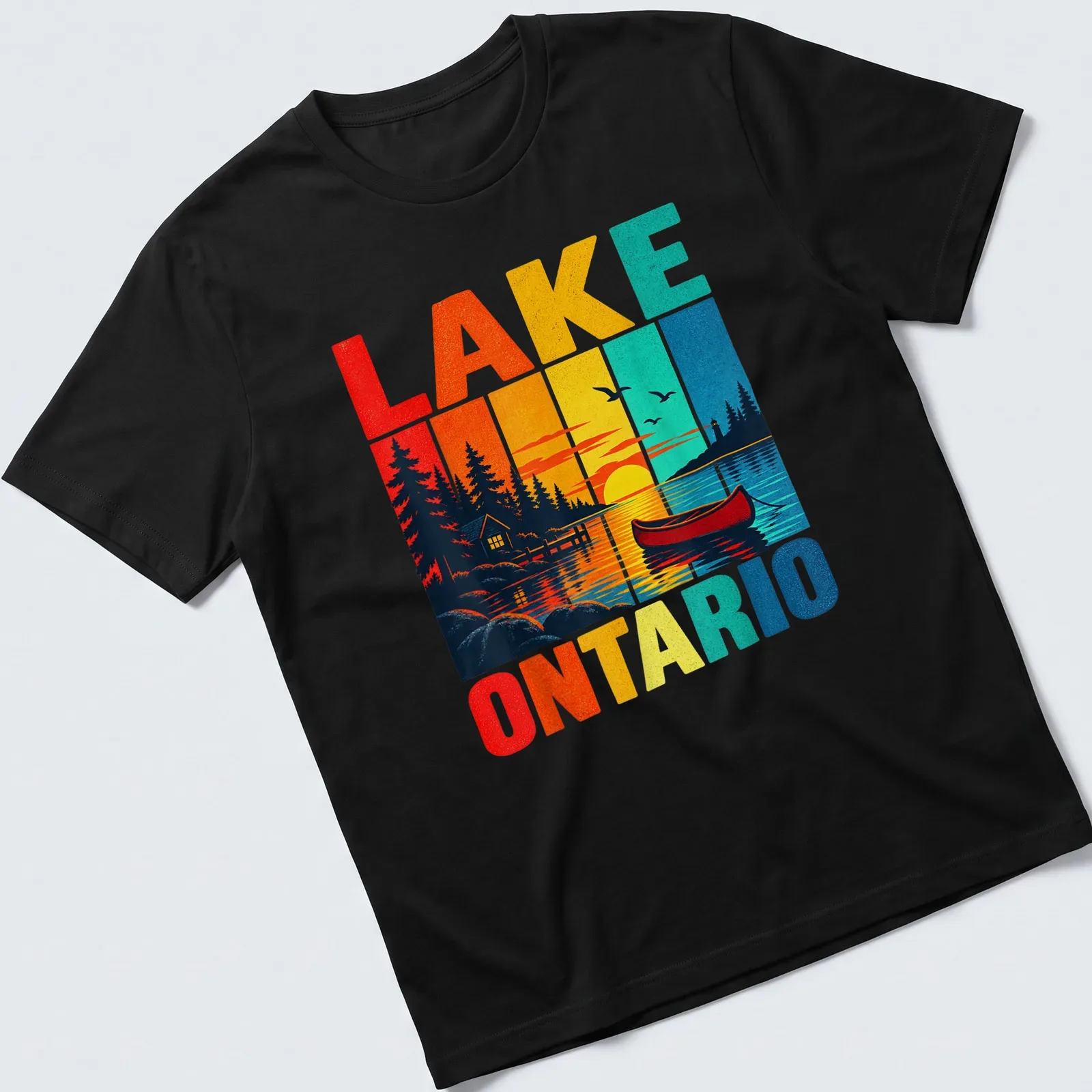 Retro print of Lake Ontario with canoe and cabin in sunset colors — printed on a unisex t-shirt