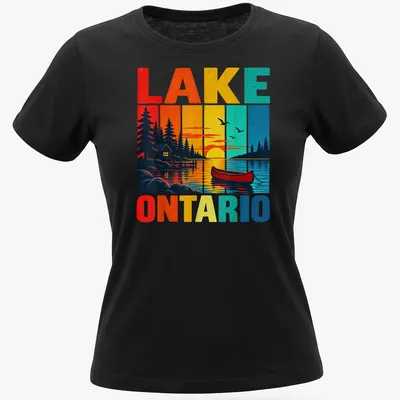 Retro print of Lake Ontario with canoe and cabin in sunset colors — printed on a women's shirt