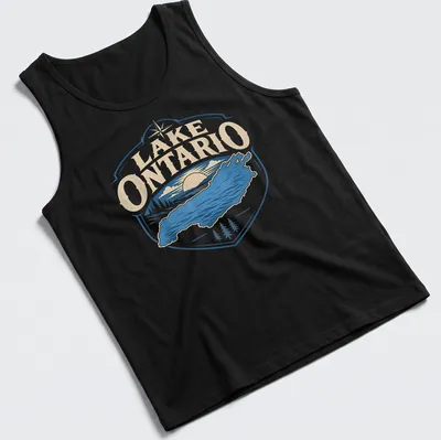 Retro design of Lake Ontario with sunset colors in blue, beige, and white — printed on a tank top
