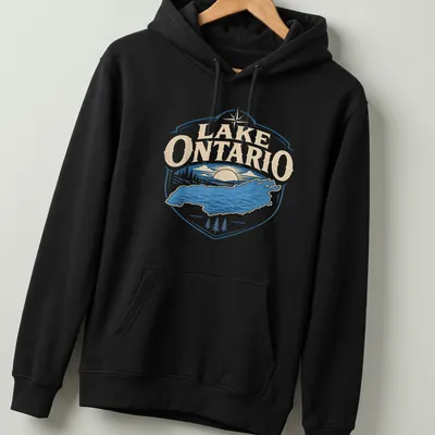 Retro design of Lake Ontario with sunset colors in blue, beige, and white — printed on a unisex hoodie