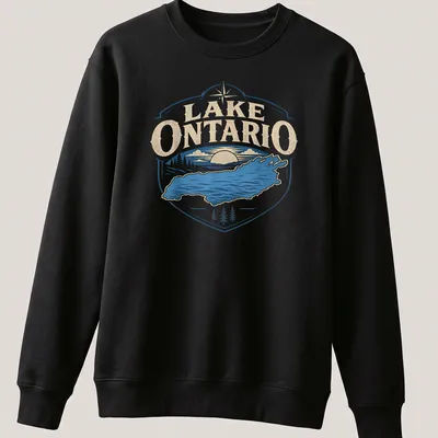 Retro design of Lake Ontario with sunset colors in blue, beige, and white — printed on a unisex sweatshirt