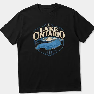 Retro design of Lake Ontario with sunset colors in blue, beige, and white