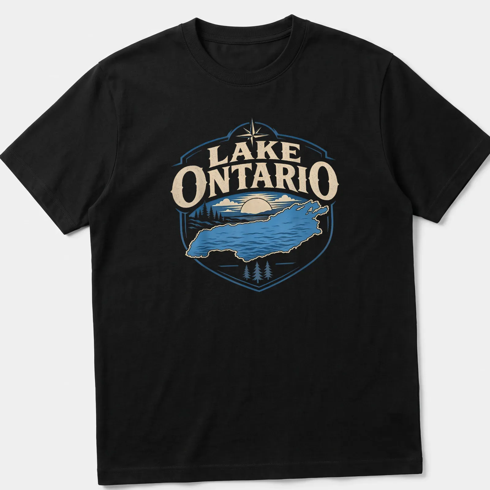 Retro design of Lake Ontario with sunset colors in blue, beige, and white — printed on a unisex t-shirt