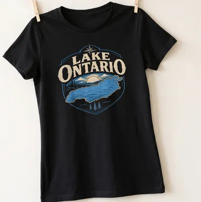 Retro design of Lake Ontario with sunset colors in blue, beige, and white — printed on a women's shirt