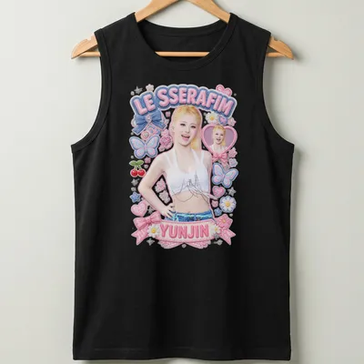 Kawaii pastel design featuring Yunjin from LE SSERAFIM in playful colors — printed on a tank top