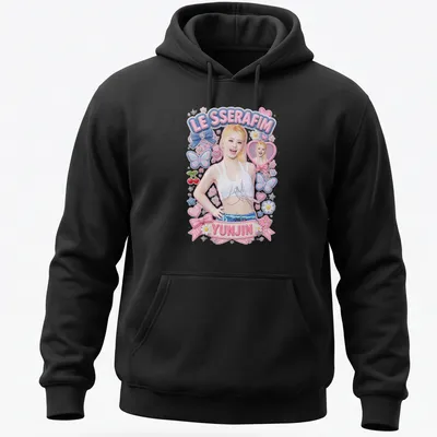 Kawaii pastel design featuring Yunjin from LE SSERAFIM in playful colors — printed on a unisex hoodie