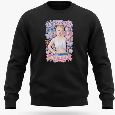 Kawaii pastel design featuring Yunjin from LE SSERAFIM in playful colors — printed on a unisex sweatshirt