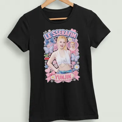 Kawaii pastel design featuring Yunjin from LE SSERAFIM in playful colors — printed on a women's shirt