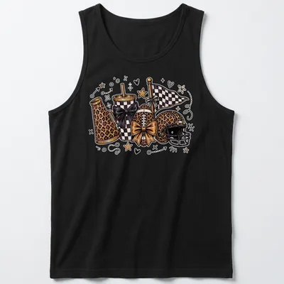 Kawaii line-art of leopard print football accessories with cheer bows — printed on a tank top