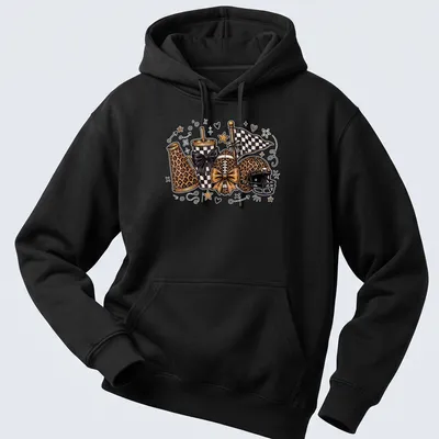 Kawaii line-art of leopard print football accessories with cheer bows — printed on a unisex hoodie