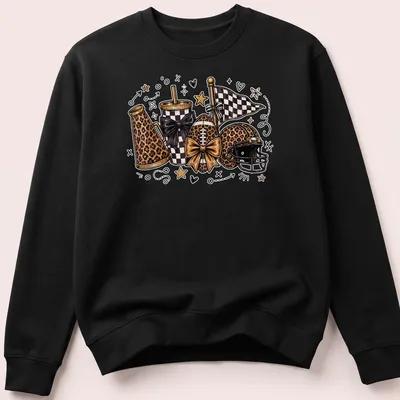 Kawaii line-art of leopard print football accessories with cheer bows — printed on a unisex sweatshirt