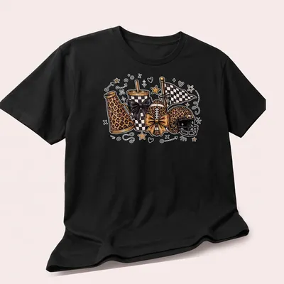 Kawaii line-art of leopard print football accessories with cheer bows — printed on a unisex t-shirt (angled view)