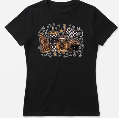 Kawaii line-art of leopard print football accessories with cheer bows — printed on a women's shirt