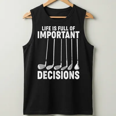Golf T-shirt with line art of golf clubs and humorous text about decisions — printed on a tank top