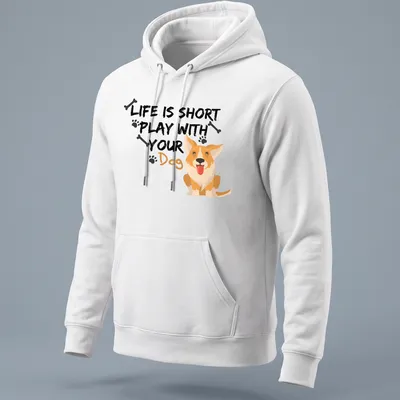 Cute cartoon Corgi with the phrase 'Life Is Short Play With Your Dog' printed above — printed on a unisex hoodie