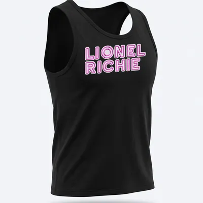 Neon pink and white printed Lionel Richie logo — printed on a tank top