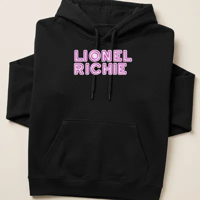 Neon pink and white printed Lionel Richie logo — printed on a unisex hoodie