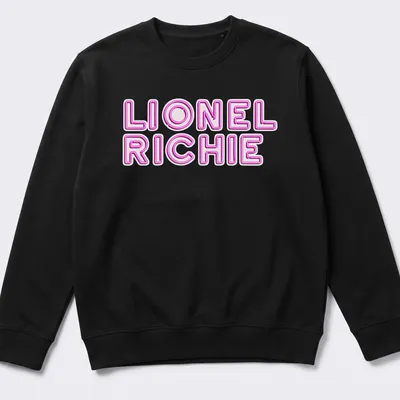 Neon pink and white printed Lionel Richie logo — printed on a unisex sweatshirt