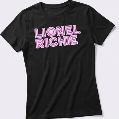 Neon pink and white printed Lionel Richie logo — printed on a women's shirt