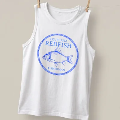 Vintage illustration of a redfish with bold text above it on a fisherman — printed on a tank top