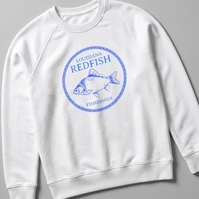 Vintage illustration of a redfish with bold text above it on a fisherman — printed on a unisex sweatshirt