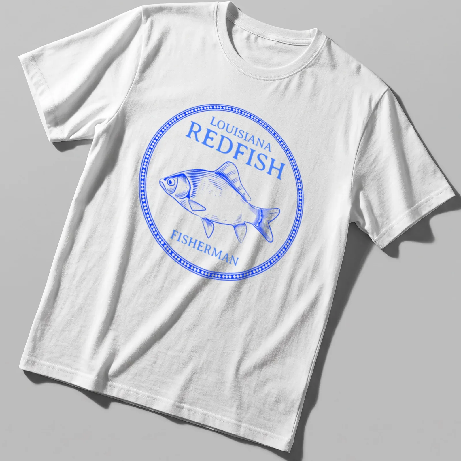 Vintage illustration of a redfish with bold text above it on a fisherman — printed on a unisex t-shirt
