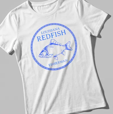 Vintage illustration of a redfish with bold text above it on a fisherman — printed on a women's shirt