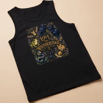 Illustration of various animals with text 'LOVE THE MISUNDERSTOOD' in vibrant colors — printed on a tank top