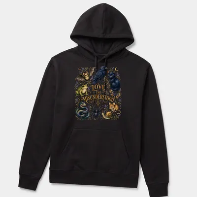 Illustration of various animals with text 'LOVE THE MISUNDERSTOOD' in vibrant colors — printed on a unisex hoodie
