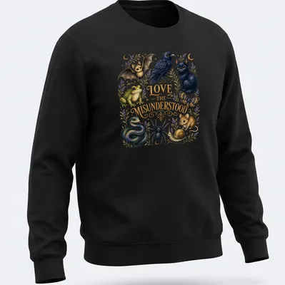 Illustration of various animals with text 'LOVE THE MISUNDERSTOOD' in vibrant colors — printed on a unisex sweatshirt