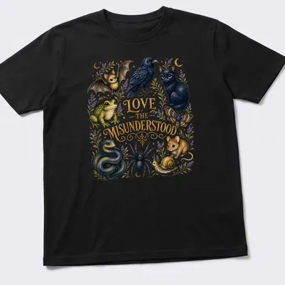 Illustration of various animals with text 'LOVE THE MISUNDERSTOOD' in vibrant colors