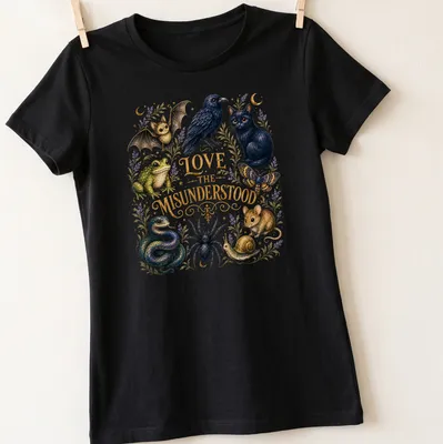 Illustration of various animals with text 'LOVE THE MISUNDERSTOOD' in vibrant colors — printed on a women's shirt