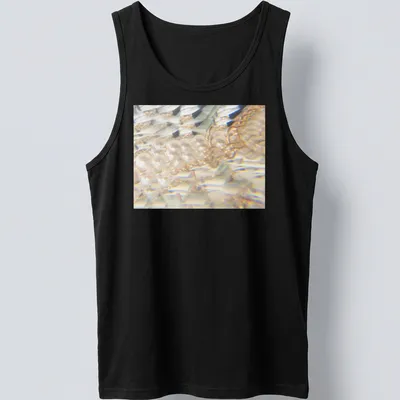Iridescent jellyfish illustration in a prism effect with white, gold, and blue hues — printed on a tank top