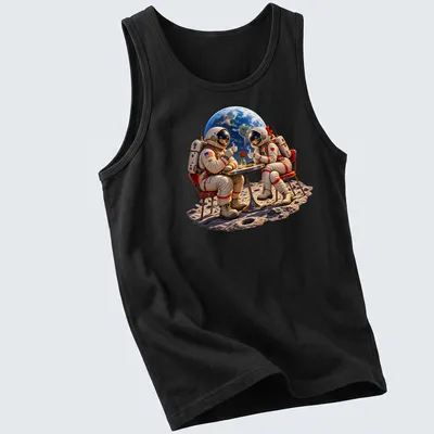 Vintage astronaut couple enjoying a coffee date in space with earth tones and realistic depiction — printed on a tank top