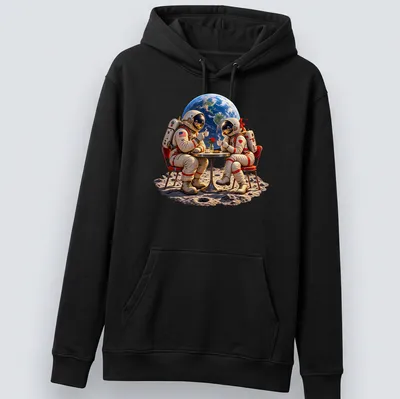 Vintage astronaut couple enjoying a coffee date in space with earth tones and realistic depiction — printed on a unisex hoodie
