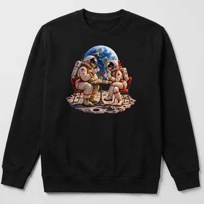 Vintage astronaut couple enjoying a coffee date in space with earth tones and realistic depiction — printed on a unisex sweatshirt