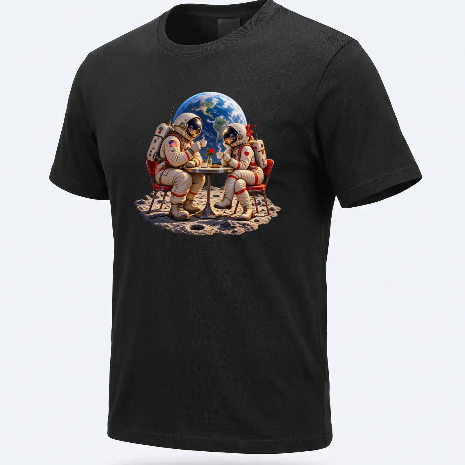 Vintage astronaut couple enjoying a coffee date in space with earth tones and realistic depiction — printed on a unisex t-shirt