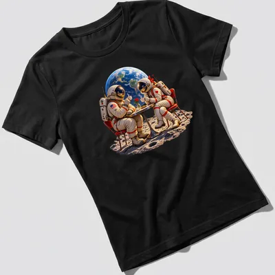 Vintage astronaut couple enjoying a coffee date in space with earth tones and realistic depiction — printed on a women's shirt