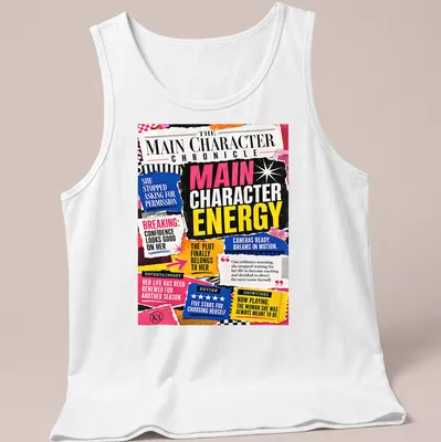 Colorful newspaper collage with empowering phrases — printed on a tank top
