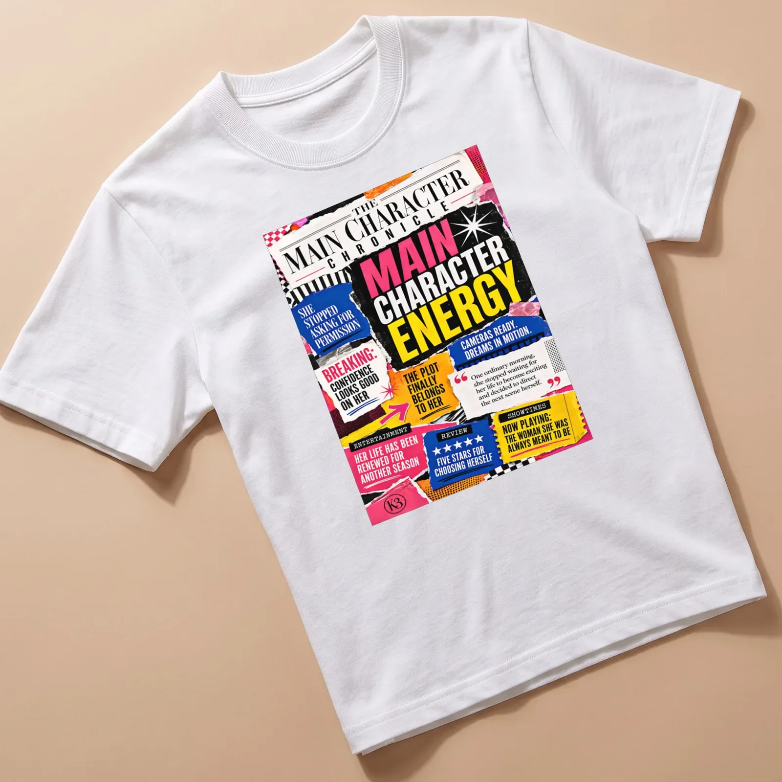 Colorful newspaper collage with empowering phrases — printed on a unisex t-shirt