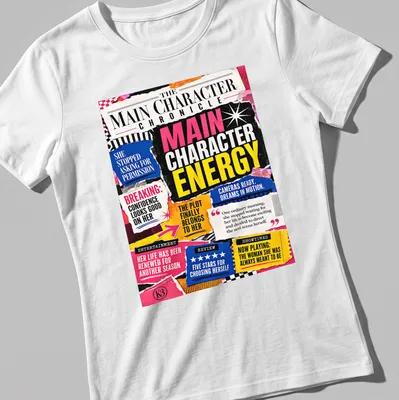 Colorful newspaper collage with empowering phrases — printed on a women's shirt