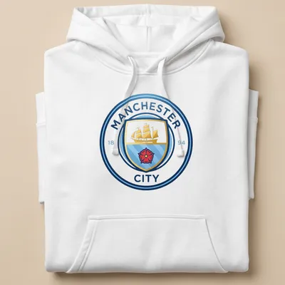 Manchester City crest t-shirt with emblem design in blue, gold, red, and white — printed on a unisex hoodie