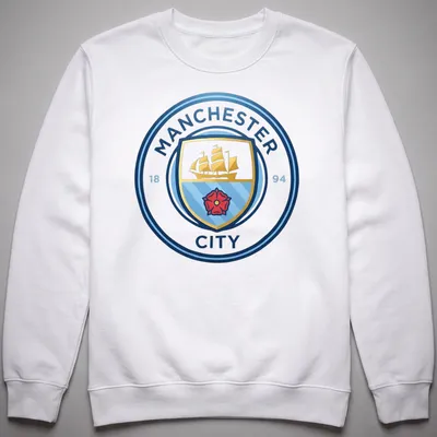 Manchester City crest t-shirt with emblem design in blue, gold, red, and white — printed on a unisex sweatshirt