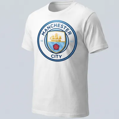 Manchester City crest t-shirt with emblem design in blue, gold, red, and white