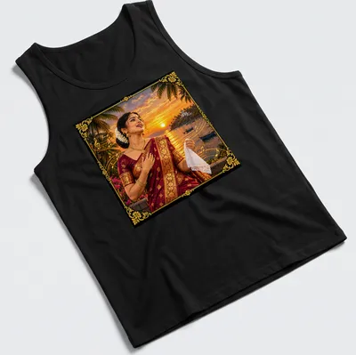 Vibrant sunset photography featuring an Indian woman in traditional attire with the text 'Mando — Melody Of Goa' — printed on a tank top
