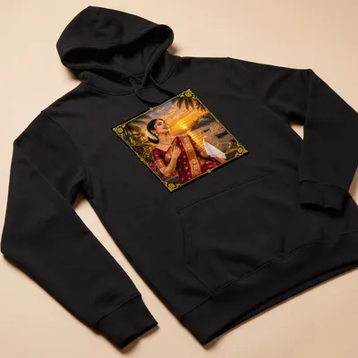 Vibrant sunset photography featuring an Indian woman in traditional attire with the text 'Mando — Melody Of Goa' — printed on a unisex hoodie