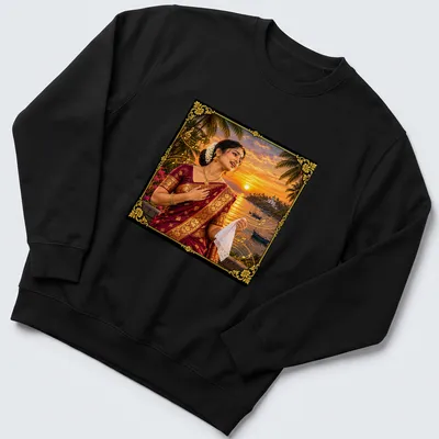 Vibrant sunset photography featuring an Indian woman in traditional attire with the text 'Mando — Melody Of Goa' — printed on a unisex sweatshirt