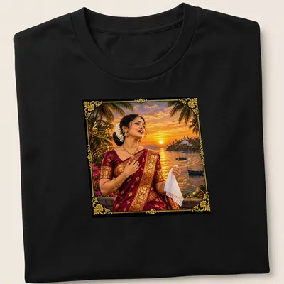 Vibrant sunset photography featuring an Indian woman in traditional attire with the text 'Mando — Melody Of Goa'