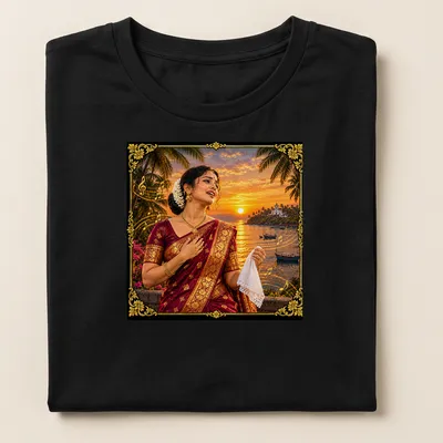 Vibrant sunset photography featuring an Indian woman in traditional attire with the text 'Mando — Melody Of Goa' — printed on a women's shirt
