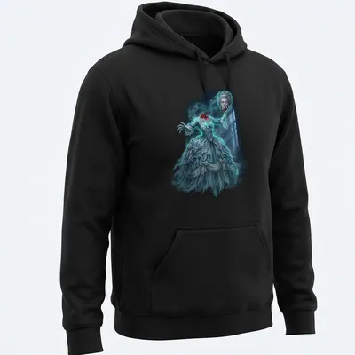 Detailed horror art of Marie Antoinette as a ghost in an elegant gown — printed on a unisex hoodie
